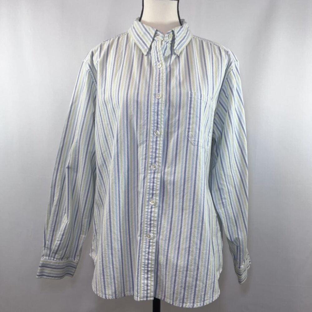 LL Bean long sleeve button down collar striped shirt blue white green women XL